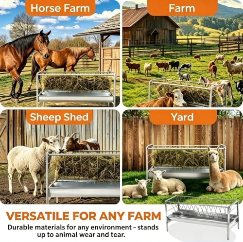 Pasture Hay Feeder 96 Gallon for Farms, 2-in-1 Hay Rack with Grain Trough, Stainless Steel Feeder, 65" Long Hay and Grain Feeder, for Goats, Sheep & Horses, for Barns, Pastures & Farm Use.