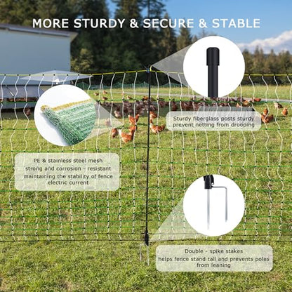 Electric Poultry Netting, 47.2"H x 164'L Electric Chicken Fence Netting | for Chickens, Ducks,Turkeys, Sheep, Geese in Yard, with Posts & Double-Spiked Stakes Farms,Backyards, Garden