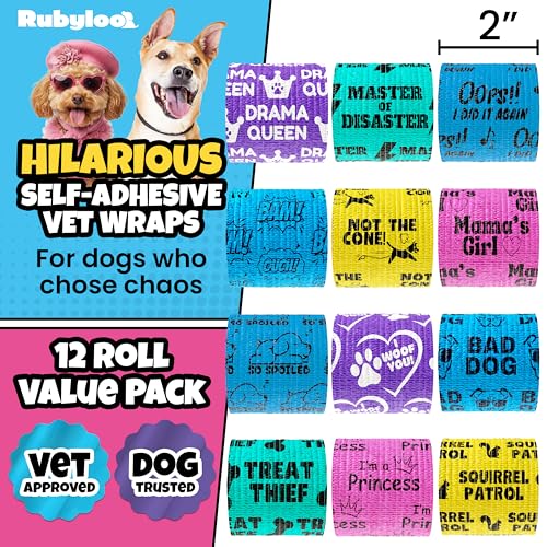 Funny Vet Wrap for Dogs, 2in Self-Adhesive Bandage Tape, 12 Pack Mix | Dog first aid kit supplies; Hot Spot & Wound Wrap; Breathable; Easy Tear; Individually Wrapped; Sticks to Itself, Not Fur - color: All Attitude (12 Count)