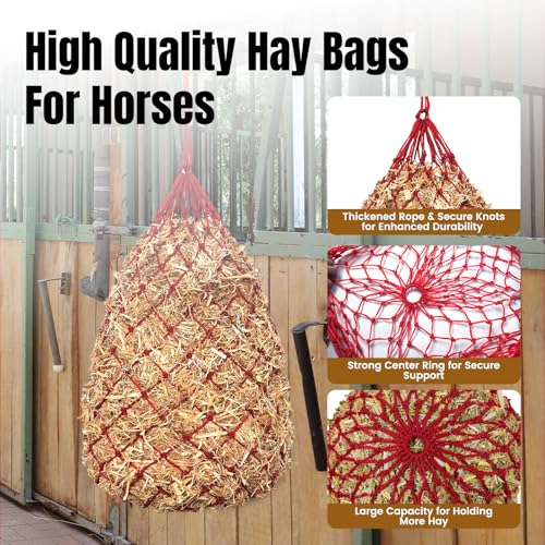 Slow Feed Hay Nets for Horses, 2 Pack, 40 Inch, 2 Inch Holes, Red - color: Red