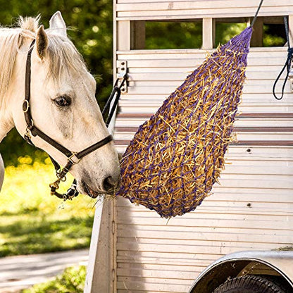 Majestic Ally 2 pcs Slow Feed 42” Hay Net for Horses, Strong Small 2x2” Holes, Nylon Rope Hanging, Adjustable Travel Feeder for Trailer and Stall, Simulates Grazing, Reduce Waste - color: PURPLE
