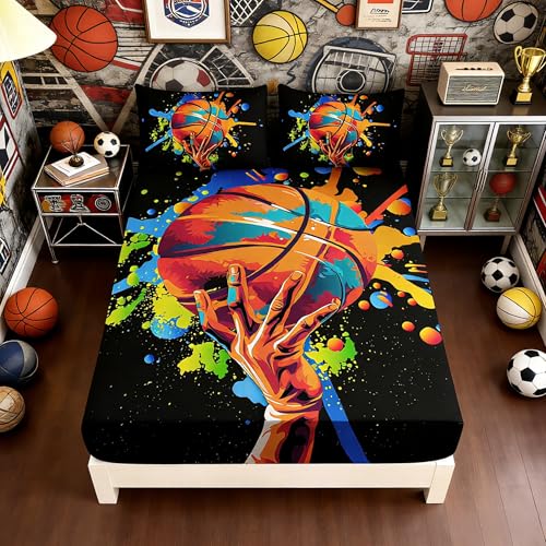 Black Basketball Full Bedding Sets,1 Fitted Sheet+2 Pillowcases. - color: Color-black, size: Full