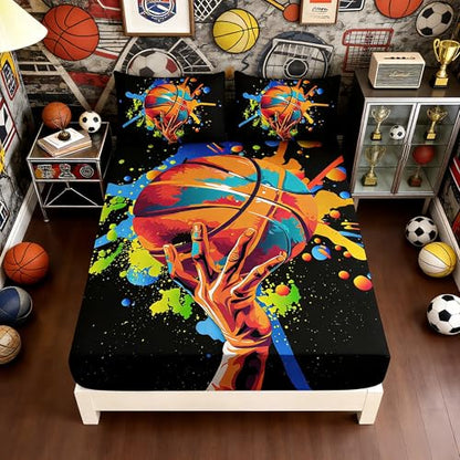 Black Basketball Full Bedding Sets,1 Fitted Sheet+2 Pillowcases. - color: Color-black, size: Full