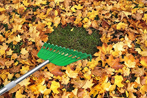 Gardzen 12 Tines Gardening Leaf Rake, Lightweight Steel Handle, Detachable, Ideal Camp Rake, Comes with Dustpan-Type Garden Bag | Lightweight Steel Handle, Detachable, Ideal Camp Rake, Comes with Dustpan-Type Garden Bag - style: Green Rake