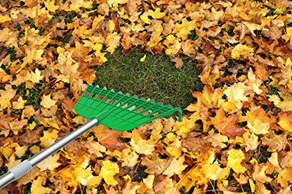Gardzen 12 Tines Gardening Leaf Rake, Lightweight Steel Handle, Detachable, Ideal Camp Rake, Comes with Dustpan-Type Garden Bag | Lightweight Steel Handle, Detachable, Ideal Camp Rake, Comes with Dustpan-Type Garden Bag - style: Green Rake