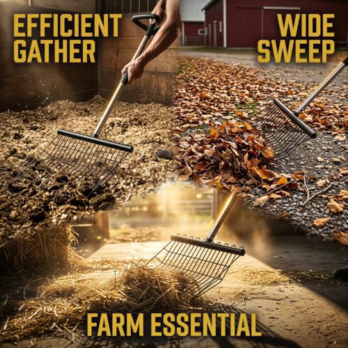 Manure Rake, Heavy Duty Steel Handle Rake, 53.5 in Long Reach