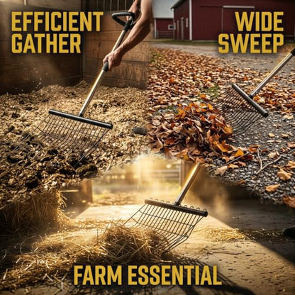 Manure Rake, Heavy Duty Steel Handle Rake, 53.5 in Long Reach