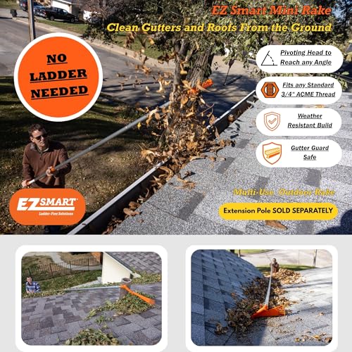 EZ Smart Mini Gutter Rake - 5 ft Pole - Clean Gutters Without a Ladder | Clears Stuck Leaves • Reaches Tough Spots • No Ladder Needed - size: Tool + 5 Foot Pole