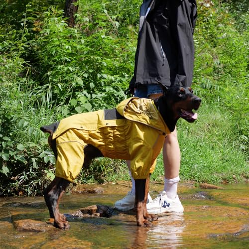 LOVELONGLONG Fleece-Lined Dog Raincoat with Removable Hood – Waterproof Winter Full Body Dog Jacket – Windproof Snowproof Cold-Weather Suit – Yellow-F L - color: Mustard Yellow Fleeced, size: L (Back 16.5")