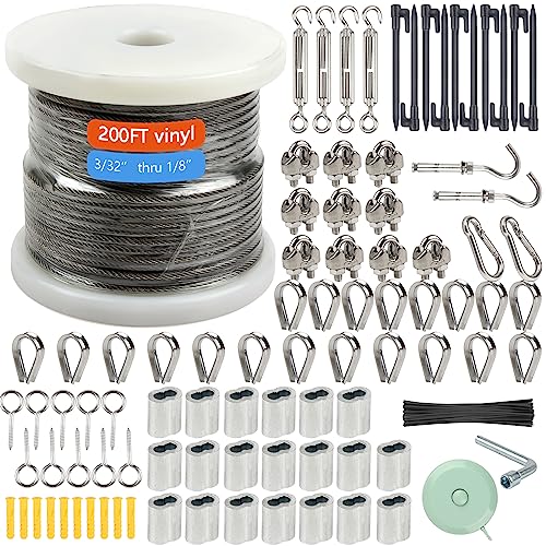 Shineyoo 1/8" Wire Rope Kit，Steel Wire Cable，200FT Turnbuckles for Cables Wire，Vinyl Coated Stainless Steel Cable Wire for Outdoor,Garden,Kitchen,Craft with Turnbuckle - style: 200FT