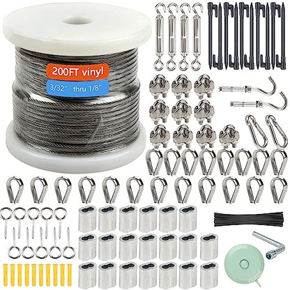 Shineyoo 1/8" Wire Rope Kit，Steel Wire Cable，200FT Turnbuckles for Cables Wire，Vinyl Coated Stainless Steel Cable Wire for Outdoor,Garden,Kitchen,Craft with Turnbuckle - style: 200FT