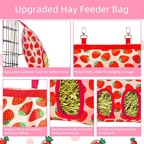 2Packs Large Rabbit Hay Feeder Bag, Upgraded Guinea Pig Hay Feeder with 3 Hooks, Chew Proof Washable Hay Bag for Rabbits Bunny Chinchilla Hamster, Mess Free Grass Holder 2 Holes, 9.8x11.4 Inch - color: Strawberry+Pineapple