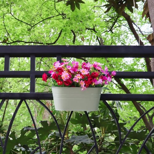 3 Pack Metal Railing Planters, 10.5" Oval Hanging Flower Pots with Detachable Hooks & Drainage Holes, Fits Rails up to 2.36", Galvanized Iron Fence Bucket for Balcony Garden Patio - Blue - color: Blue, size: 3 Pack, 10.5"L x 5.7"W x 4.7"H