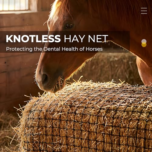 FRUITEAM 6 * 6 ft Round Bale Hay Net for Horses, Round Bale Feeder with 2 inch Hole, Hay Nets for Horses, Goats and Cattles, Knotless Design - Mouth-Safe for Horses with Repair Tool