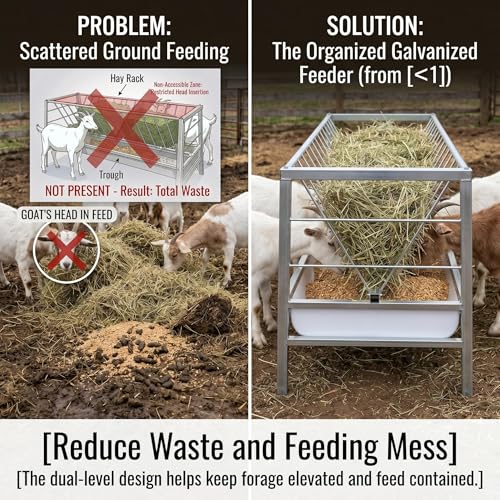 2-in-1 Goat Hay Feeder with Grain Water Pan, 90 Gallon Capacity, 59" Long Rust Resistant Galvanized Livestock Feeding Trough, Heavy Duty Steel for Goats, Sheep, Cow, Horse