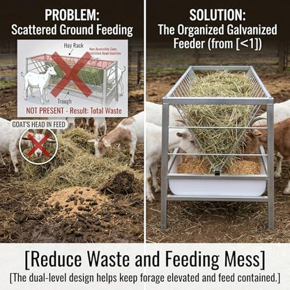 Heavy Duty Galvanized Steel Goat Hay Feeder with Hay Rack & Feeding Pan, 59" Long 90 Gallon Capacity Livestock Feeder, Feeds Up to 14 Goats for Goats, Sheep, Cow, Horse