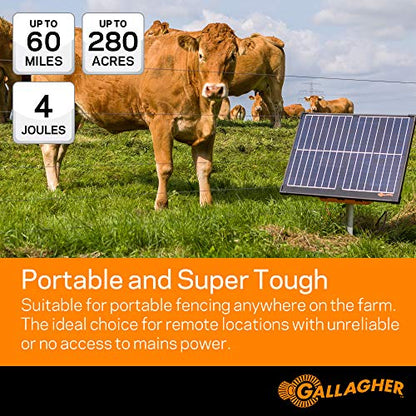 Gallagher S400 Solar Electric Fence Charger | 4.0 Joule Solar Powered Energizer | Powers Up to 60 Miles / 280 Acres of Fence | Livestock and Pet Containment | Battery and Leadsets Included