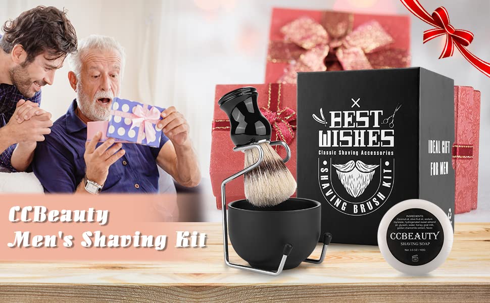CCbeauty Mens Shaving Brush and Bowl Set, 4-in-1 Bristle Shave Brushes Kit with Stainless Steel Shaving Bowl & Soap Mug, Safety Razor Stand, Birthday Dad Gifts Set for Men, Black Soap 3.5Oz - color: 2# Black Soap