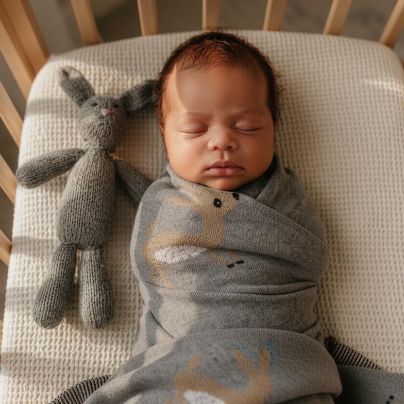 Knit Baby Swaddle Blanket - 100% Cotton Soft Cozy Receiving Swaddling Crib Stroller Quilt Blanket for Shower Gift Registry for Newborns, Infants, Toddlers, Unisex (Deer - Grey) - color: 12 - Deer - Grey