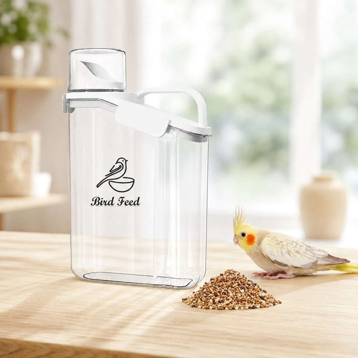 Bird Seed Storage Container,2.8L Airtight Bird Food Container with Handle and Measuring Cup,Portable Pet Food Container for Wild Bird Sunflower Seed-BPA Free Transparent/White - color: WHITE BIRD