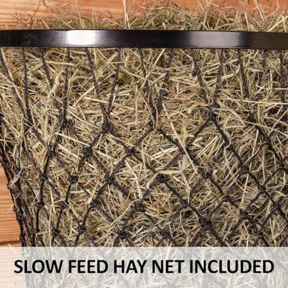 Wall Mount Hay Net Frame with Hay Net for Horses | Sturdy Metal Frame | Slow-Feed Design | Open-Top for Easy Fill | 2-Inch Hay Net Holes | Color Black