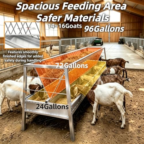 Pasture Hay Feeder 96 Gallon for Farms, 2-in-1 Hay Rack with Grain Trough, Stainless Steel Feeder, 65" Long Hay and Grain Feeder, for Goats, Sheep & Horses, for Barns, Pastures & Farm Use.