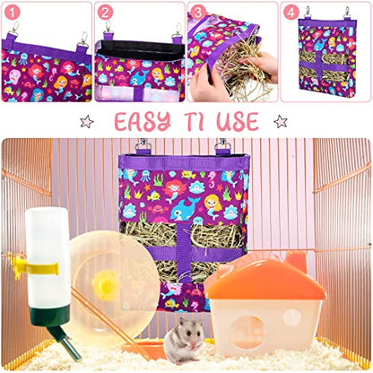 2 Pieces Guinea Pig Hay Bag Washable Pet Rabbit Hay Feeder Bag with 2 Holes Cute Small Animal Hanging Feeder Sack Storage for Rabbit Guinea Pig Chinchilla Hamster Small Pets (Mermaid, Unicorn)