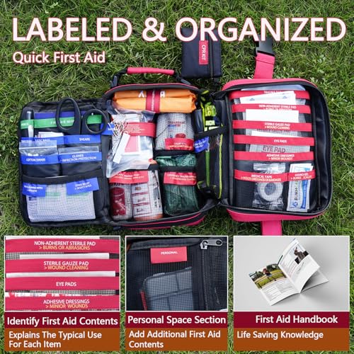 Comprehensive First aid Kits, First Aid Trauma Kit with Labelled Compartments for Cars, Home, Office, Backpacking, Camping, Traveling, and Cycling -324 Pieces - size: Extra Large