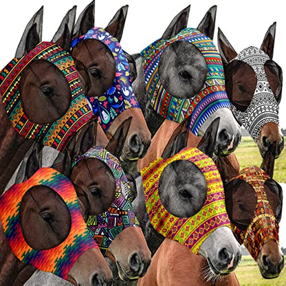 Qualirey 8 Pcs Fly Masks with Ears UV Protection Elastic Horse Face Cover Breathable Mesh for Riding Stable Pasture Supplies(Medium,Geometric)