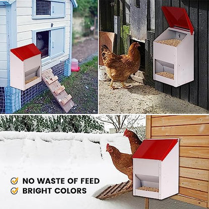 Galvanized Wall Mount Chicken Feeder No Waste Hanging Chicken Feeder with Lid Weatherproof Metal Automatic Poultry Feeder Trough Food Dispenser for Outside Coop (10 lbs)