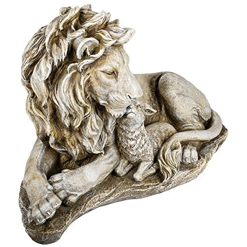 Joseph's Studio Lion and Lamb Garden Statue – 12.5" Religious Outdoor Décor – Peaceful Resin Sculpture for Yard, Patio, or Memorial Display