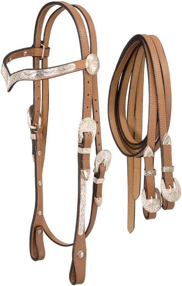 HUMAYL Equine Headstall, Reins Tack Set Western Premium Leather Equestrian Trail Accessories Hand Silver Plated Carved Tooled for Horse Riding and Training Size: Cob - Full, M