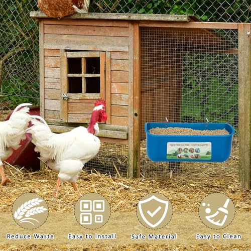 10 Pack Fence Feed Feeder 4.5 Quart Hanging Chicken Feeder Trough with Brush & Scoop Blue Goat Hanging Fence Feeders Feeder with Hooks Screws & Zip Tie for Livestock Feeding Container Goats Supplies - color: Blue, size: 10 Pack