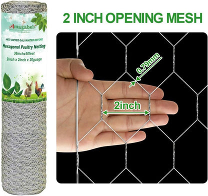 Amagabeli Chicken Wire Fencing Poultry Wire Netting 36inch x 50ft 2 Inch Hexagonal Galvanized Mesh Garden Fence Animal Barrier for Garden Protection Craft Rabbit Cage Dog Roll Chicken Coop Accessories - size: 2" 36"x50'