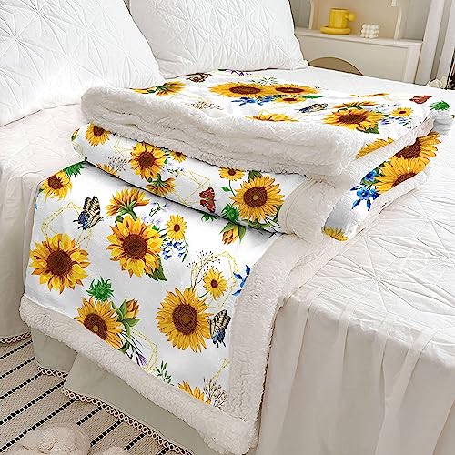 Sunflower Throw Blanket, Sunflower Gifts - Warm Soft Sherpa Thick Blanket (White, 60"x80") - color: White, size: 60"x80"