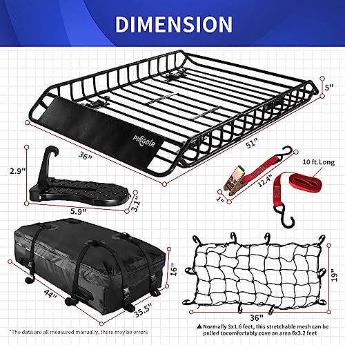 PINGDIR Roof Rack Basket 51" X 36" X 5" Rooftop Rack Cargo Carrier Universal, Waterproof Cargo Bag 44 * 35 * 16", Cargo Net with Attachment Hooks, 2 pcs Ratchet Strap,Roof Pedal - size: 51 inches