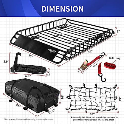 PINGDIR Roof Rack Basket 51" X 36" X 5" Rooftop Rack Cargo Carrier Universal, Waterproof Cargo Bag 44 * 35 * 16", Cargo Net with Attachment Hooks, 2 pcs Ratchet Strap,Roof Pedal - size: 51 inches