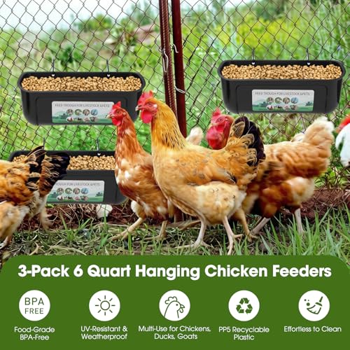 3 Pack 6 Quart Chicken Duck Feeder Trough, Black - color: black
