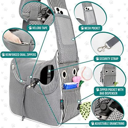 PetAmi Dog Sling Carrier Small Dogs, Hands Free Crossbody Carrier, Stripe | Under 10 lbs, Puppy Cat Pet Travel Gift, Breathable Mesh, Padded Strap, Removable Sherpa Bed, Pockets & Poop Bag Dispenser - color: Stripe Black