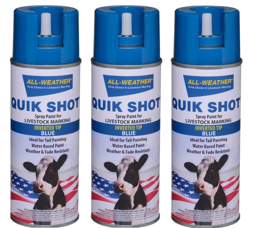 Quik Shot 61193 Blue Livestock Marker Spray Paint, 16 oz (3-Pack) Aerosol – Inverted Tip All-Weather Livestock Identification Paint for Cattle, Hogs & Sheep - size: 13 Ounce (Pack of 3)