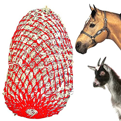 Majestic Ally 1.25”x1.25” Holes Ultra Slow Feed 40” Very Sturdy Hay Net with Bottom Ring for Goat, Sheep, Simulate Grazing and Reduces Waste (Red) - color: Red