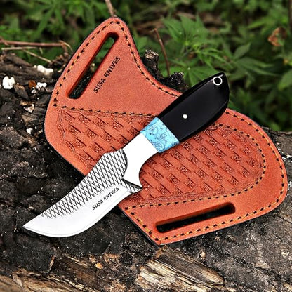 Custom Handmade 7'' fixed blade hoof rasp knife Cow boy knife Turquoise Handle Damascus steel Bull cutter, cowboy knives with pancake leather sheath (BLACK HORN) - color: BLACK HORN