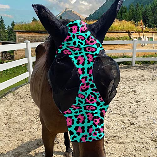 Upgrade Uv Horse Fly Mask with Ears - Equine Sunscreen Lycra Quiet Ride Elasticity Fly Mask with Ear Protection (Green Leopard Print) - color: Green Leopard print