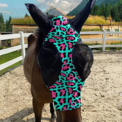 Upgrade Uv Horse Fly Mask with Ears - Equine Sunscreen Lycra Quiet Ride Elasticity Fly Mask with Ear Protection (Green Leopard Print) - color: Green Leopard print