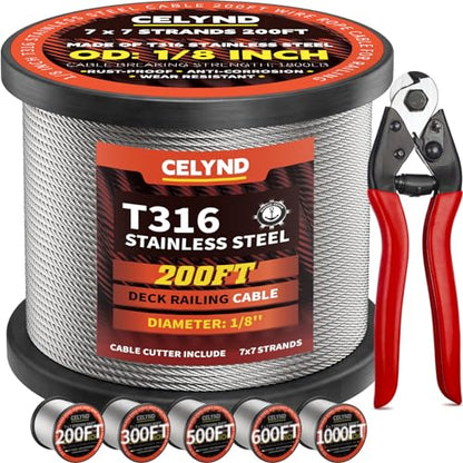 Stainless Steel Cable for Railing - 200FT 1/8" T316 Wire Rope Cable - size: 200FT
