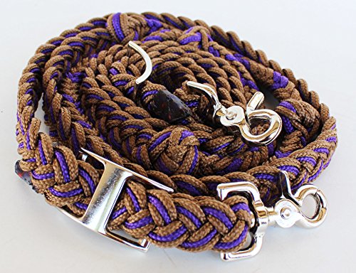 CHALLENGER Roping Knotted Horse Tack Western Barrel Reins Rein Nylon Braided 8 Ft. Black WH 60703 - color: Brown/Purple