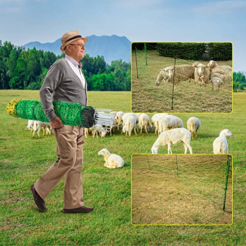 TMEE Electric Goat Sheep Fencing Livestock Netting Fence with 14 Posts, Double Spiked, Portable Mesh for Lambs, Deer, Hogs, Dogs, 35.5" H x 164' L, Green - size: 35.5" H