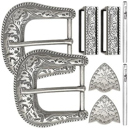 QuneusHot 6 Pieces Cowboy Replacement Belt Buckle Set 1.5"(38mm) Strap Western Floral Engraved Silver Buckles for Men Women - color: Antique Silver