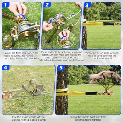 Zipline Tensioning Kit with Cable Grip Steel Wire Puller & 2 Safety Hooks