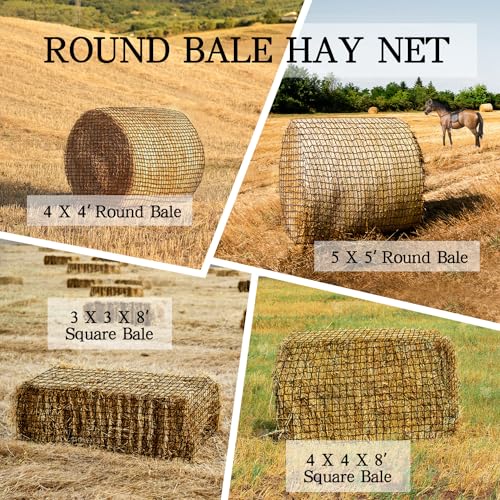Large Round Bale Hay Net, 5 * 5 Feet Slow Feed Hay Net for Horses with 5mm Holes, Heavy Duty Haynet for Round Bale 4x4/5x5 or Square Bale 3x3x8/4x4x8 - size: 5*5FT